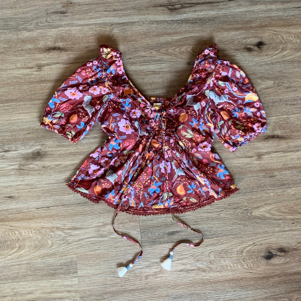 Maeve Anthropologie Ruffled Tie Front Blouse w/ Puffy Sleeve - Size Small Women
